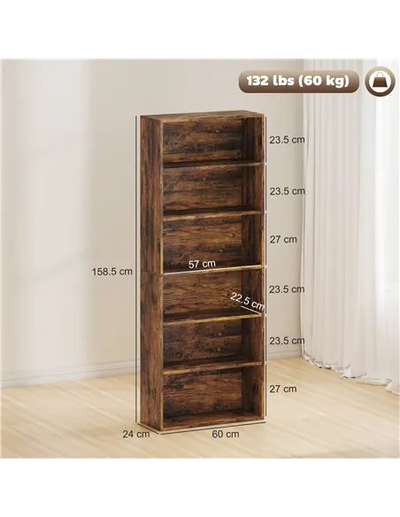 HOMCOM Six Shelf Bookcase - Rustic Brown