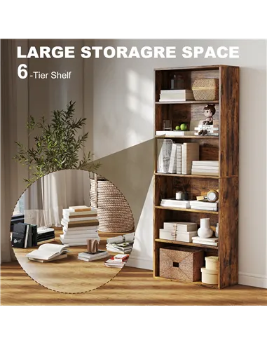 HOMCOM Six Shelf Bookcase - Rustic Brown
