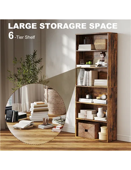 HOMCOM Six Shelf Bookcase - Rustic Brown