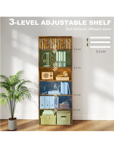 HOMCOM Six Shelf Bookcase - Rustic Brown