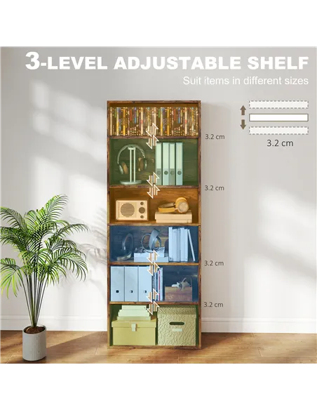 HOMCOM Six Shelf Bookcase - Rustic Brown