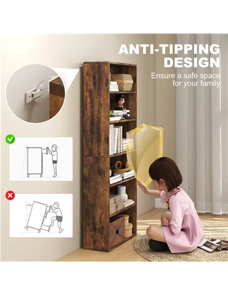 HOMCOM Six Shelf Bookcase - Rustic Brown