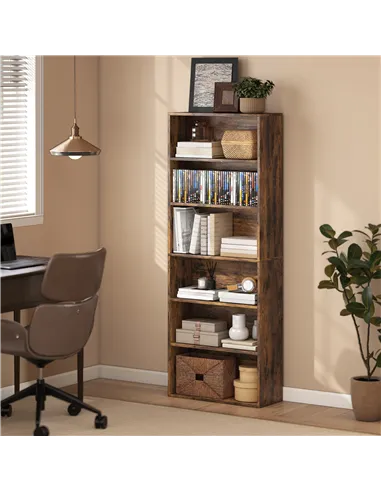 HOMCOM Six Shelf Bookcase - Rustic Brown