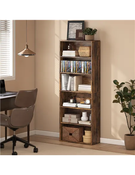 HOMCOM Six Shelf Bookcase - Rustic Brown