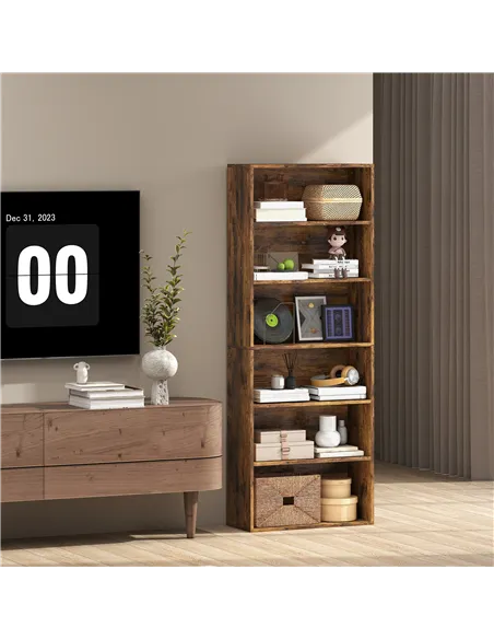 HOMCOM Six Shelf Bookcase - Rustic Brown