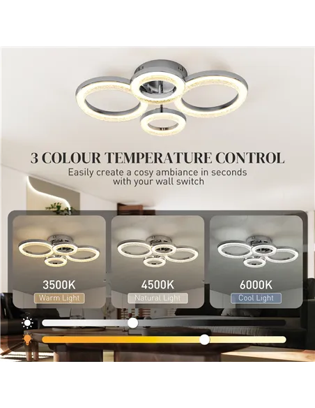 HOMCOM LED Ceiling Light, Modern 4 Rings Ceiling Lamp with Wall Switch Control, 40W 4350lm Flush Mount Ceiling Light with 3500K/
