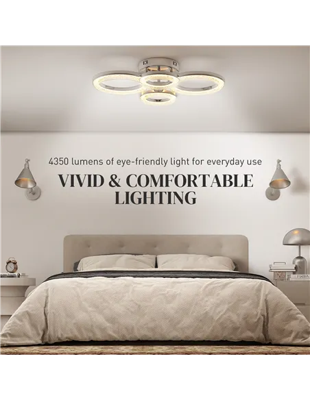 HOMCOM LED Ceiling Light, Modern 4 Rings Ceiling Lamp with Wall Switch Control, 40W 4350lm Flush Mount Ceiling Light with 3500K/