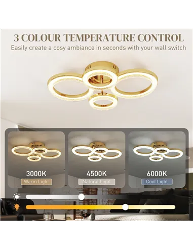 HOMCOM LED Ceiling Light, Modern 4 Rings Ceiling Lamp with Wall Switch Control, 40W 4350lm Flush Mount Ceiling Light with 3500K/