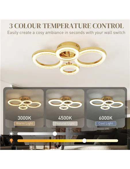 HOMCOM LED Ceiling Light, Modern 4 Rings Ceiling Lamp with Wall Switch Control, 40W 4350lm Flush Mount Ceiling Light with 3500K/