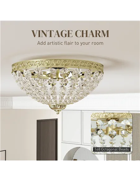 HOMCOM Crystal Chandelier Ceiling Light with 168 Octagonal Beads, Vintage 2-Light Flush Mount Ceiling Light for Living Room, Bed