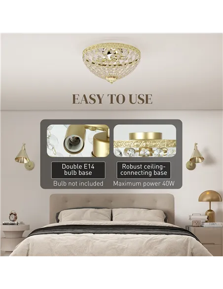 HOMCOM Crystal Chandelier Ceiling Light with 168 Octagonal Beads, Vintage 2-Light Flush Mount Ceiling Light for Living Room, Bed