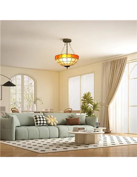 HOMCOM Tiffany Style Ceiling Light, Vintage Chandelier with 3 E27 Sockets, Semi Flush Mount for Living Room, Bulbs Not Included