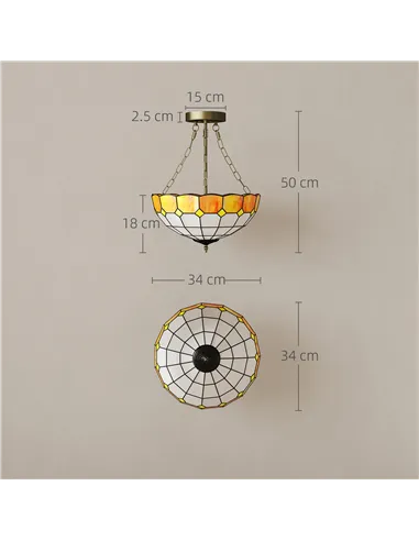 HOMCOM Tiffany Style Ceiling Light, Vintage Chandelier with 3 E27 Sockets, Semi Flush Mount for Living Room, Bulbs Not Included