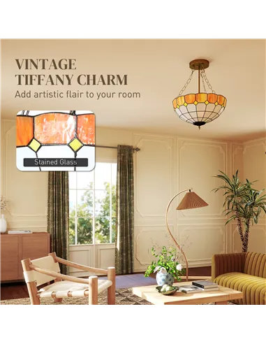 HOMCOM Tiffany Style Ceiling Light, Vintage Chandelier with 3 E27 Sockets, Semi Flush Mount for Living Room, Bulbs Not Included