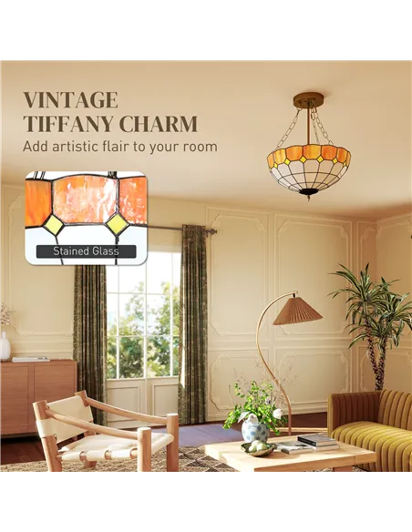 HOMCOM Tiffany Style Ceiling Light, Vintage Chandelier with 3 E27 Sockets, Semi Flush Mount for Living Room, Bulbs Not Included