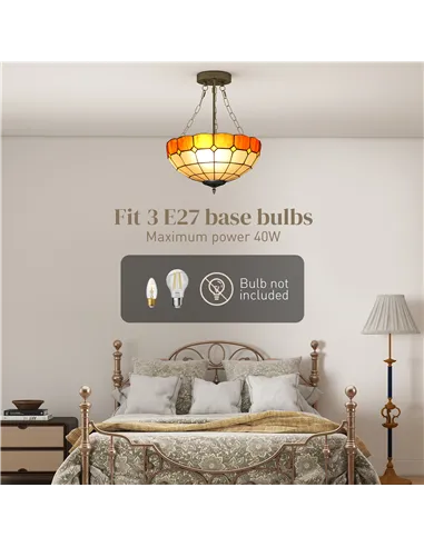 HOMCOM Tiffany Style Ceiling Light, Vintage Chandelier with 3 E27 Sockets, Semi Flush Mount for Living Room, Bulbs Not Included
