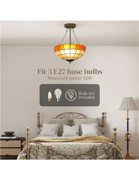 HOMCOM Tiffany Style Ceiling Light, Vintage Chandelier with 3 E27 Sockets, Semi Flush Mount for Living Room, Bulbs Not Included