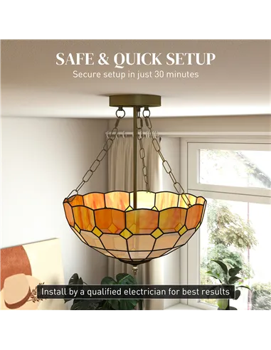 HOMCOM Tiffany Style Ceiling Light, Vintage Chandelier with 3 E27 Sockets, Semi Flush Mount for Living Room, Bulbs Not Included