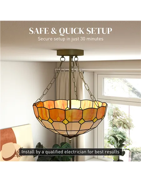 HOMCOM Tiffany Style Ceiling Light, Vintage Chandelier with 3 E27 Sockets, Semi Flush Mount for Living Room, Bulbs Not Included