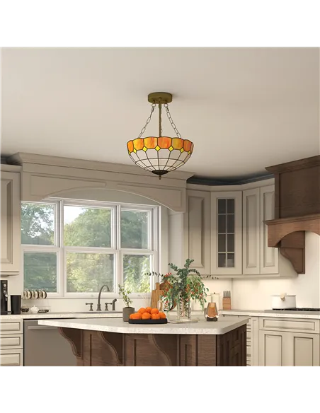 HOMCOM Tiffany Style Ceiling Light, Vintage Chandelier with 3 E27 Sockets, Semi Flush Mount for Living Room, Bulbs Not Included