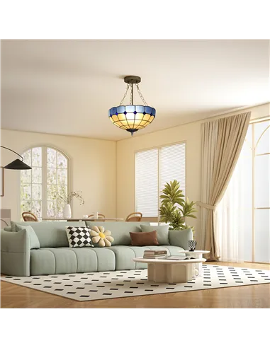 HOMCOM Tiffany Style Ceiling Light, Vintage Chandelier with 3 E27 Sockets, Semi Flush Mount for Living Room, Bulbs Not Included