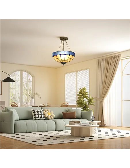 HOMCOM Tiffany Style Ceiling Light, Vintage Chandelier with 3 E27 Sockets, Semi Flush Mount for Living Room, Bulbs Not Included