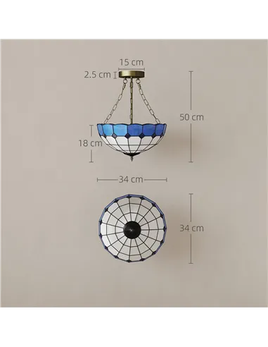 HOMCOM Tiffany Style Ceiling Light, Vintage Chandelier with 3 E27 Sockets, Semi Flush Mount for Living Room, Bulbs Not Included