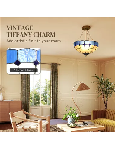 HOMCOM Tiffany Style Ceiling Light, Vintage Chandelier with 3 E27 Sockets, Semi Flush Mount for Living Room, Bulbs Not Included