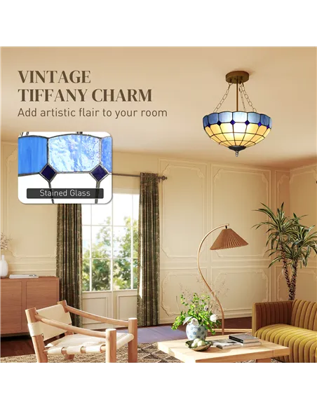 HOMCOM Tiffany Style Ceiling Light, Vintage Chandelier with 3 E27 Sockets, Semi Flush Mount for Living Room, Bulbs Not Included