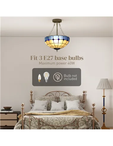 HOMCOM Tiffany Style Ceiling Light, Vintage Chandelier with 3 E27 Sockets, Semi Flush Mount for Living Room, Bulbs Not Included