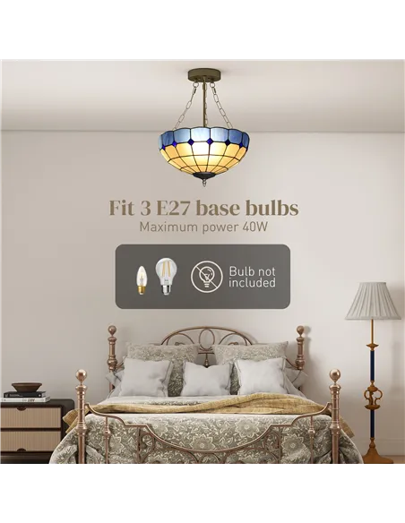 HOMCOM Tiffany Style Ceiling Light, Vintage Chandelier with 3 E27 Sockets, Semi Flush Mount for Living Room, Bulbs Not Included