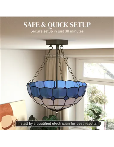 HOMCOM Tiffany Style Ceiling Light, Vintage Chandelier with 3 E27 Sockets, Semi Flush Mount for Living Room, Bulbs Not Included