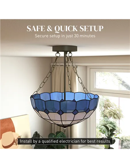 HOMCOM Tiffany Style Ceiling Light, Vintage Chandelier with 3 E27 Sockets, Semi Flush Mount for Living Room, Bulbs Not Included