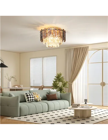 HOMCOM Chandelier Ceiling Light, 3-Light Vintage Flush Mount Fixture with Dual Crystal and Smoke Glass Shade, LED Ceiling Light 