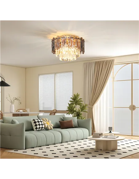 HOMCOM Chandelier Ceiling Light, 3-Light Vintage Flush Mount Fixture with Dual Crystal and Smoke Glass Shade, LED Ceiling Light 