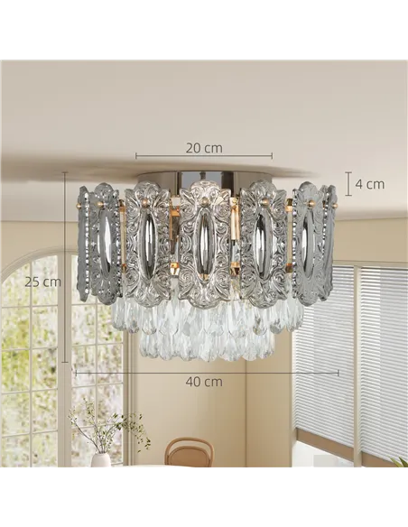 HOMCOM Chandelier Ceiling Light, 3-Light Vintage Flush Mount Fixture with Dual Crystal and Smoke Glass Shade, LED Ceiling Light 