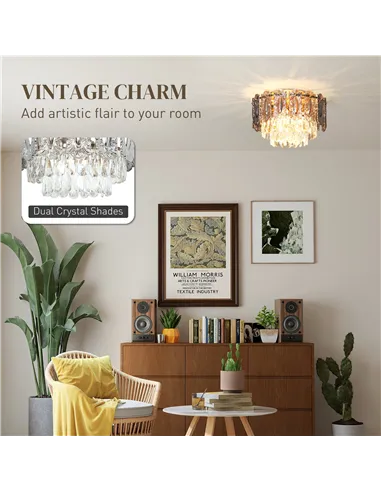 HOMCOM Chandelier Ceiling Light, 3-Light Vintage Flush Mount Fixture with Dual Crystal and Smoke Glass Shade, LED Ceiling Light 