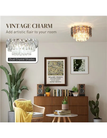 HOMCOM Chandelier Ceiling Light, 3-Light Vintage Flush Mount Fixture with Dual Crystal and Smoke Glass Shade, LED Ceiling Light 