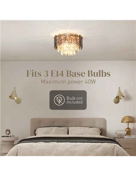 HOMCOM Chandelier Ceiling Light, 3-Light Vintage Flush Mount Fixture with Dual Crystal and Smoke Glass Shade, LED Ceiling Light 