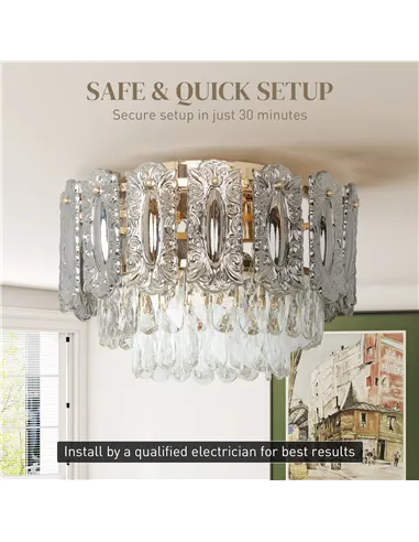 HOMCOM Chandelier Ceiling Light, 3-Light Vintage Flush Mount Fixture with Dual Crystal and Smoke Glass Shade, LED Ceiling Light 