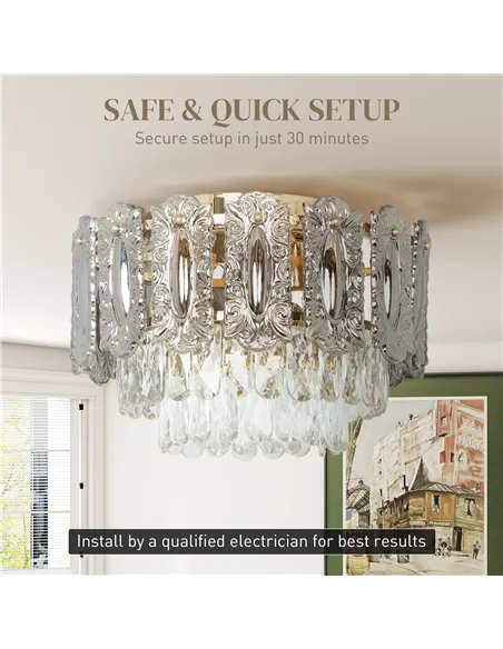 HOMCOM Chandelier Ceiling Light, 3-Light Vintage Flush Mount Fixture with Dual Crystal and Smoke Glass Shade, LED Ceiling Light 