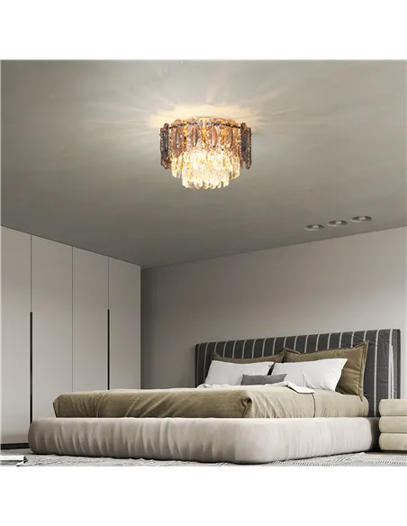 HOMCOM Chandelier Ceiling Light, 3-Light Vintage Flush Mount Fixture with Dual Crystal and Smoke Glass Shade, LED Ceiling Light 