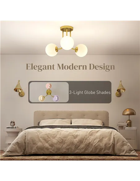 HOMCOM LED Ceiling Light with Globe Shades, Modern 3-Light Ceiling Light with G9 Sockets for Living Room, Bedroom, Dining Room, 
