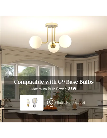 HOMCOM LED Ceiling Light with Globe Shades, Modern 3-Light Ceiling Light with G9 Sockets for Living Room, Bedroom, Dining Room, 