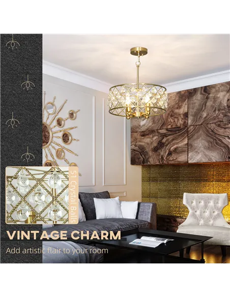 HOMCOM 51 Crystallite Four-Bulb Chandelier - Gold-Tone