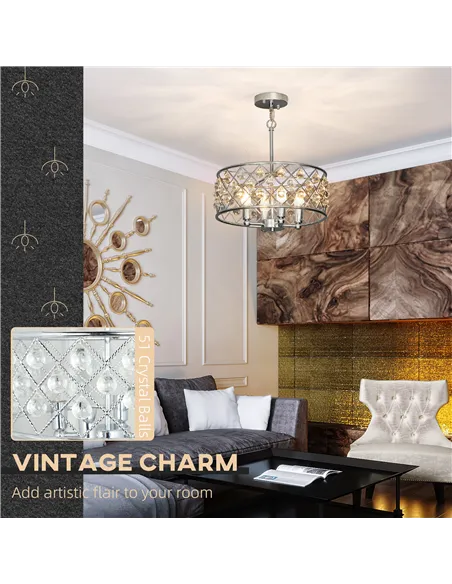 HOMCOM 51 Crystallite Four-Bulb Chandelier - Silver-Tone