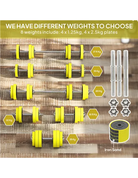 HOMCOM 20KGS 2-In-1 Dumbbell & Barbell Adjustable Set Strength Muscle Exercise Fitness Plate Bar Clamp Rod Home Gym Sports Area,