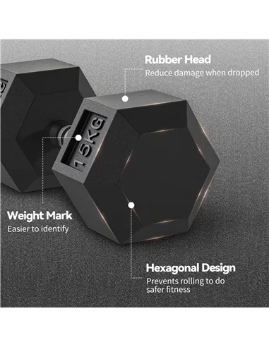 HOMCOM 2x15KG Rubber Hex Dumbbell Portable Hand Weights Dumbbell Home Gym