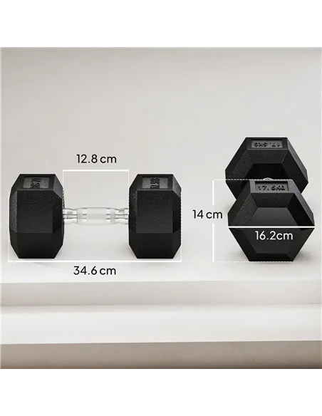 HOMCOM 2x17.5KG Rubber Hex Dumbbell Portable Hand Weights Dumbbell Home Gym