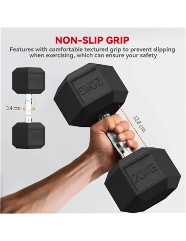 HOMCOM 2x20KG Rubber Hex Dumbbell Portable Hand Weights Dumbbell Home Gym